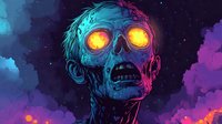 Glowing neon skull with luminous orange eyes against cosmic background featuring vibrant purple and blue clouds, stylized horror art in synthwave aesthetic.