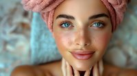 Young Caucasian woman with bright blue eyes, freckles and pink towel on head smiling gently against blurred turquoise background. Natural beauty skincare concept.