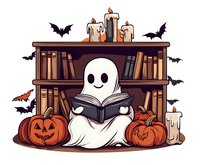 Cute ghost reading book among pumpkins, bats and candles on bookshelf background. Halloween cozy cartoon illustration in warm autumn colors.