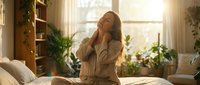 Young woman with light skin tone stretching in bed during morning sunlight in a plant-filled bedroom. Suitable for wellness, lifestyle, and home decor content.
