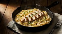 Creamy pasta with grilled chicken breast and herbs served in cast iron skillet on rustic wooden table for restaurant menu and cooking content.