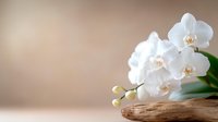 White orchid flowers on wooden surface with soft beige background for spa wellness and natural beauty concepts.