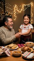 Hispanic grandfather and granddaughter sharing traditional meal at home with warm string lights creating cozy family dinner atmosphere for holidays.