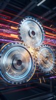 Futuristic metallic gears with glowing circuit patterns and sparks against dynamic light streaks background for technology and innovation concepts.