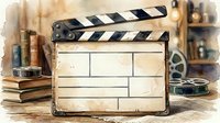 Vintage film clapperboard with blank slate surrounded by old books, film reels, and cinema equipment on wooden surface for filmmaking and production projects.