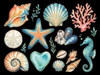 Watercolor ocean clipart set with seashells, starfish, seahorse, coral, and sand dollar, isolated on transparent background. Great for stickers, t-shirt design, and print on demand.