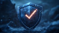 Glowing red checkmark symbol inside frozen crystal shield against dark stormy background represents security, protection and verification concepts.