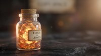 Glowing amber crystals in corked glass bottle labeled elixir of light, isolated on dark surface with warm bokeh background for magical potion designs.