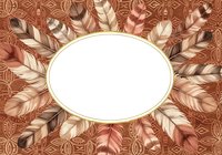 Oval frame with ornamental feather border and decorative geometric pattern background, isolated on white space for design, greeting cards, invitations.