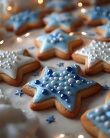 Star-shaped sugar cookies decorated with blue and white royal icing, silver dragees and sprinkles create festive winter holiday treats against soft bokeh lights.