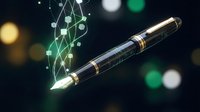 Luxury fountain pen with golden accents floating in digital network space with glowing connections and bokeh lights for business communication concepts.