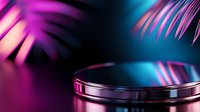 Minimalist product display podium with neon pink and blue lighting effects against dark background, metallic circular platform for luxury presentation.