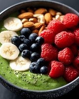 Green smoothie bowl topped with fresh berries, banana slices, almonds and chia seeds for healthy breakfast nutrition and wellness lifestyle.