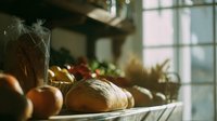Freshly baked artisan bread loaf on rustic kitchen counter with vegetables and natural window light creating warm homey atmosphere for cooking content.