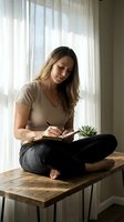 Young woman writing in journal while sitting cross-legged on wooden table by window with natural light and small succulent plant for mindful morning routine.