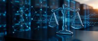 Digital justice scales with glowing blue network connections in modern data center representing legal technology and artificial intelligence in law.