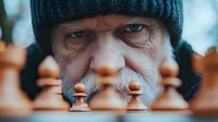 Senior Caucasian man with white beard and black winter hat peering intensely between chess pieces on board, close-up portrait with shallow depth of field.