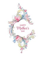 Happy Mother's Day greeting card with decorative floral ornaments and hearts in pastel colors on white background for celebration and gift design.