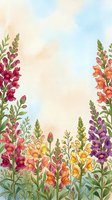 Watercolor snapdragon flowers border in pink, purple, yellow and orange on soft pastel background with copy space for text.