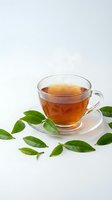 Glass cup of hot tea with fresh green leaves on white background for healthy lifestyle and wellness concepts.