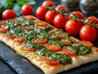 Homemade flatbread topped with fresh pesto sauce and cherry tomatoes on black slate board, close up view of traditional Mediterranean cuisine with vibrant colors.