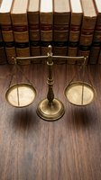 Brass scales of justice on wooden desk with law books background symbolizing legal system fairness and judicial balance in attorney office setting.