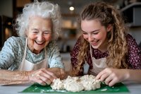 Senior woman and young female with curly hair wearing aprons laugh while kneading dough together in kitchen, sharing family baking traditions and joy of cooking.