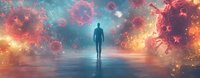 Silhouette of man walking through surreal space with floating virus particles in red and orange against turquoise background, reflecting on water surface.