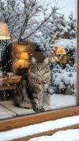 Tabby cat sitting on snowy windowsill looking out at winter landscape with falling snow and warm interior lights glowing behind glass pane.