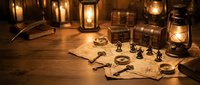Vintage treasure map with compass and miniature pirates on wooden table illuminated by warm lantern light creating atmospheric adventure scene.