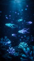 Mystical underwater scene with glowing translucent fish swimming among luminescent coral formations in deep blue ocean depths with magical bokeh effects.