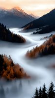 Misty mountain valley with flowing fog waves between autumn colored pine forests and snow-capped peaks during sunrise, creating dramatic natural landscape.
