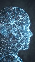 Digital human head profile with glowing blue neural network connections and particles representing artificial intelligence and machine learning technology.