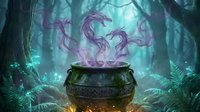 Mystical purple tentacles emerge from ancient stone cauldron glowing with magical energy in enchanted forest setting with ethereal light and mystical atmosphere.