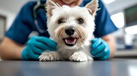 Happy West Highland White Terrier at veterinary clinic during medical examination, smiling dog with white fur while vet in blue scrubs performs checkup.
