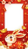 Chinese New Year frame with cute rabbit, gold ingots, plum blossoms, lanterns and fireworks on red background. Festive border template for greeting cards.