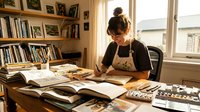 Young woman artist working on creative project at home studio desk surrounded by art books and supplies in natural window light.