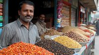 Middle-aged South Asian merchant smiling at traditional spice and grain market stall with colorful displays of dried legumes, beans, and fresh tomatoes in metal bowls.
