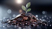 Young plant growing from pile of coins on dark background with bokeh effect, symbolizing financial growth and investment returns.
