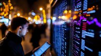 Young businessman checking financial market data on digital display at night, with blurred city lights and stock charts showing market volatility.
