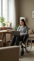 Woman with dark hair and light skin tone, wearing a gray ribbed sweater, using a laptop while seated in a wheelchair in a modern, bright home office with plants, natural light, and neutral decor.