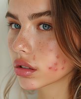 Close up portrait of young woman with freckles and acne showing real skin texture and imperfections against neutral background. Natural beauty concept.