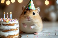 Adorable golden hamster wearing party hat next to birthday cake with lit candles on blurred bokeh background, celebrating special occasion with festive mood.