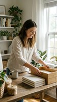 Young Caucasian woman organizing books at wooden desk in bright home office with plants and natural light streaming through window.