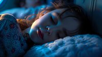 Young Asian woman sleeping peacefully in bed at night with moonlight casting blue glow across her face, red lipstick visible, creating dreamy atmospheric mood.