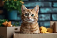 Curious ginger cat with bright blue eyes sitting in cardboard box against dark brick wall background, selective focus on feline face creates cozy atmosphere.