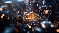 Aerial night cityscape with glowing bokeh lights and skyscrapers creating magical urban atmosphere. Modern metropolis view through dreamy lens effect.