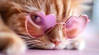 Ginger cat wearing heart-shaped pink sunglasses in close-up view, showing playful and dreamy mood for pet fashion and lifestyle content.