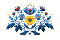Decorative folk art floral composition with blue and yellow flowers, red accents and heart details in symmetrical arrangement. Traditional ornamental botanical pattern.