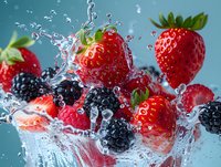 Fresh strawberries and blackberries splashing in water against turquoise background, creating dynamic food photography for culinary publications.